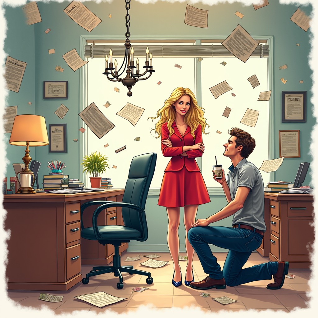 A colorful and vibrant drawing illustrating a romantic comedy scene set in a modern law office that is in complete disarray