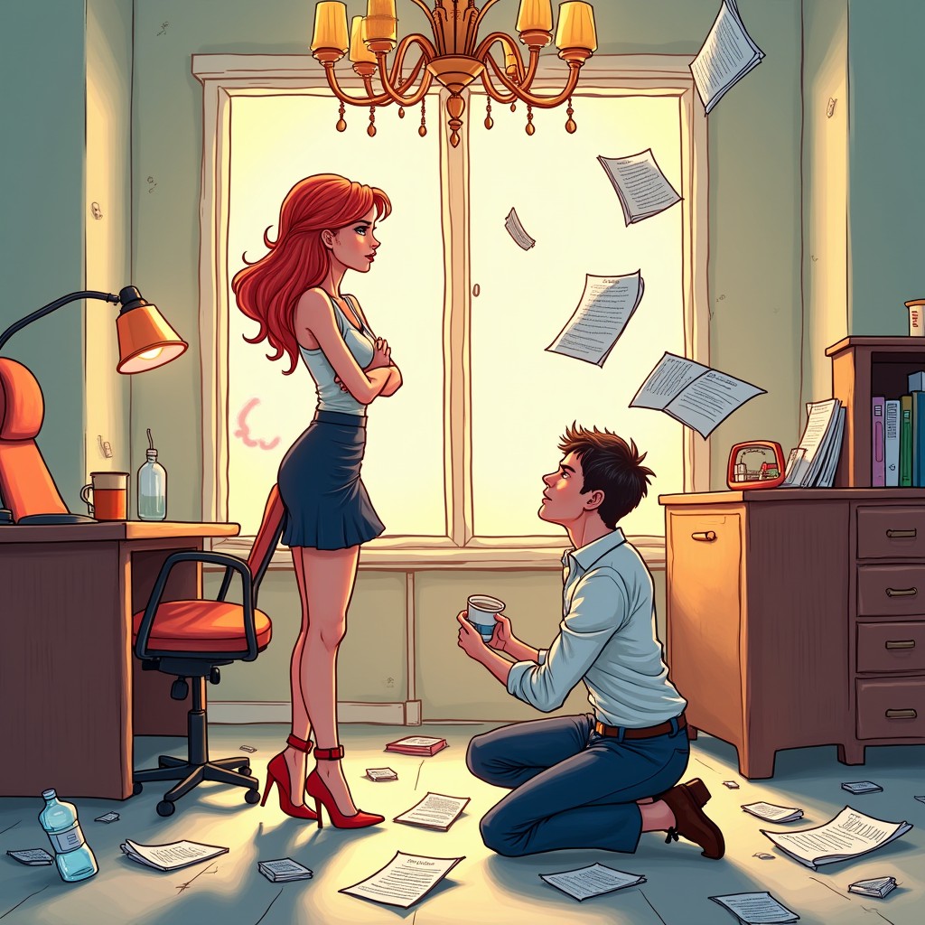 A vibrant and colorful drawing set in a romantic comedy atmosphere, focusing on a playful rivalry between two characters at the center of the image