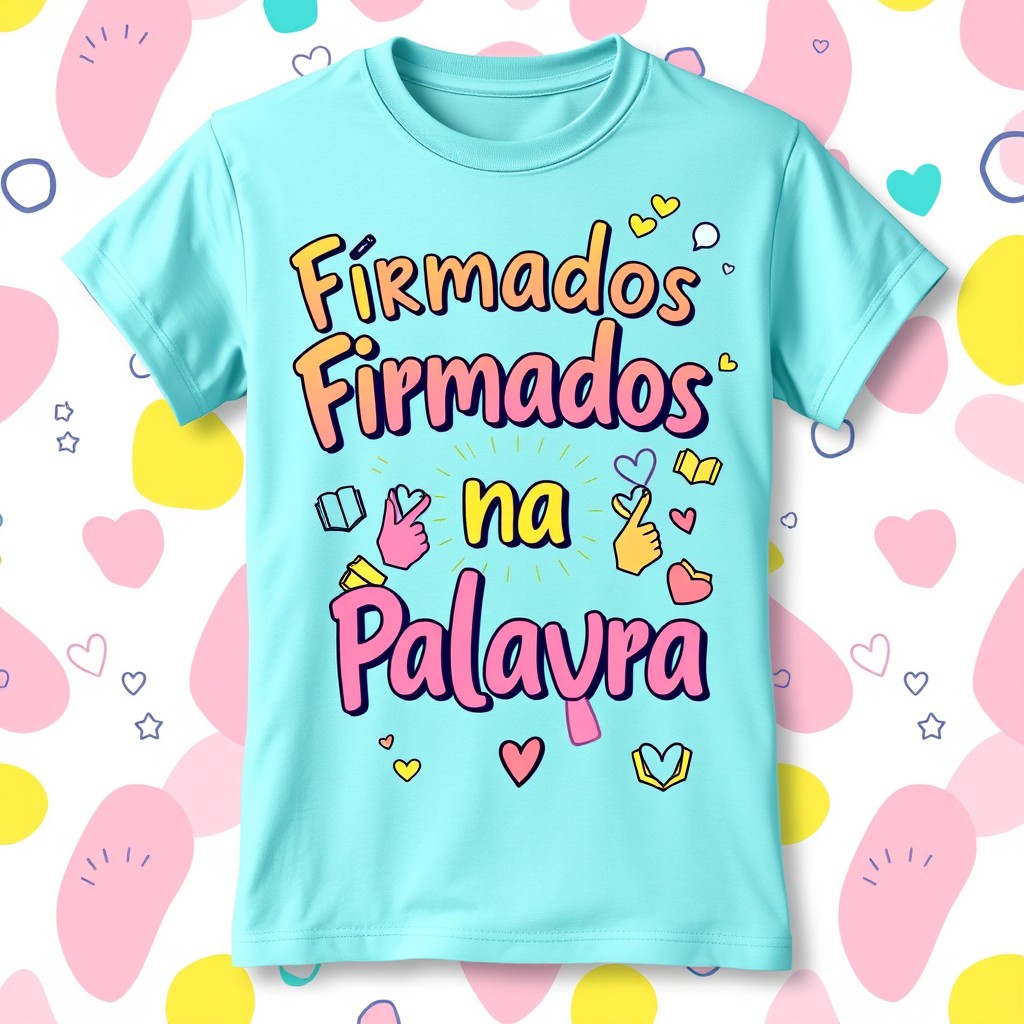 A vibrant and youthfully designed t-shirt featuring the theme 'Firmados na Palavra'