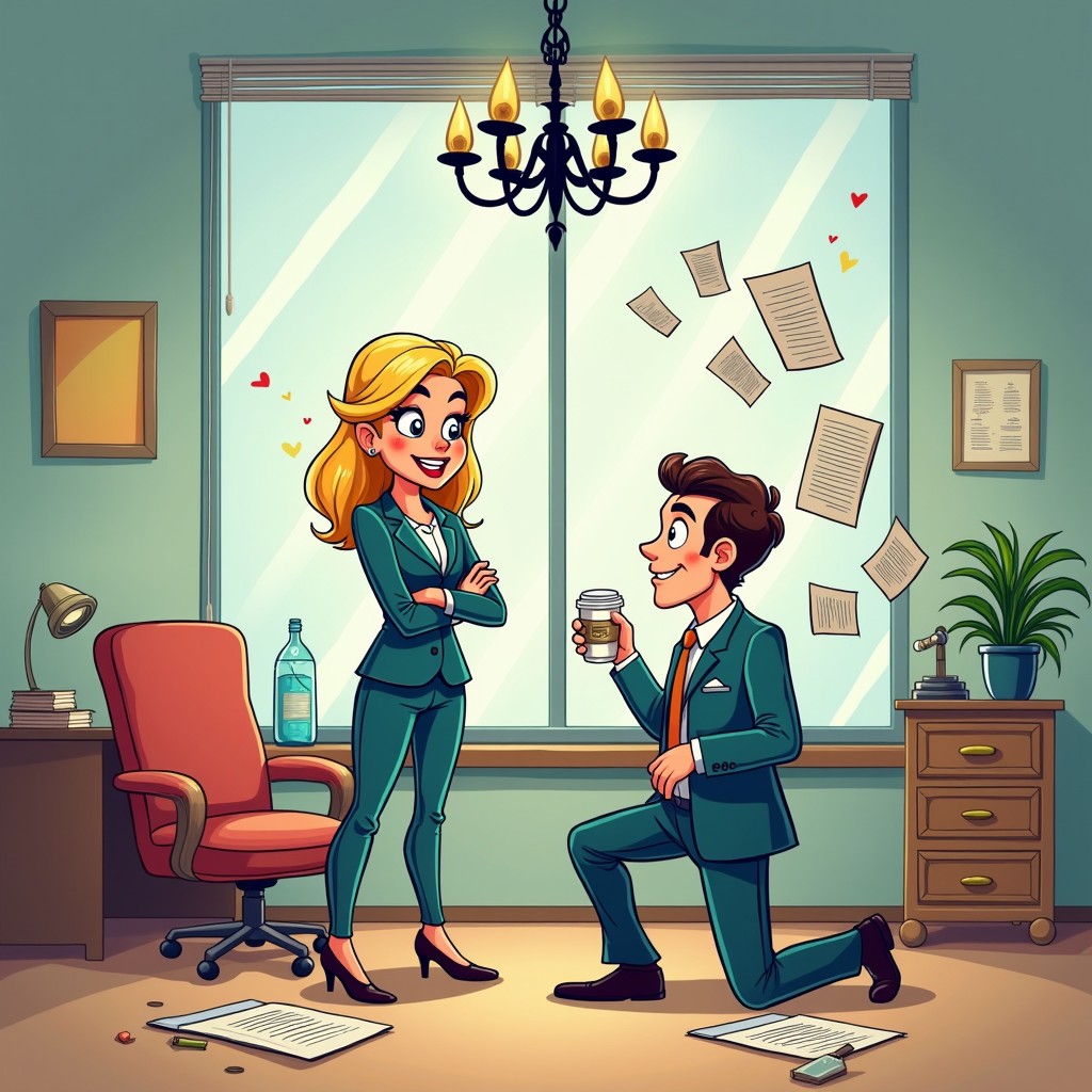 A colorful and vibrant cartoon illustration set in a romantic comedy theme, depicting a fun and light-hearted rivalry