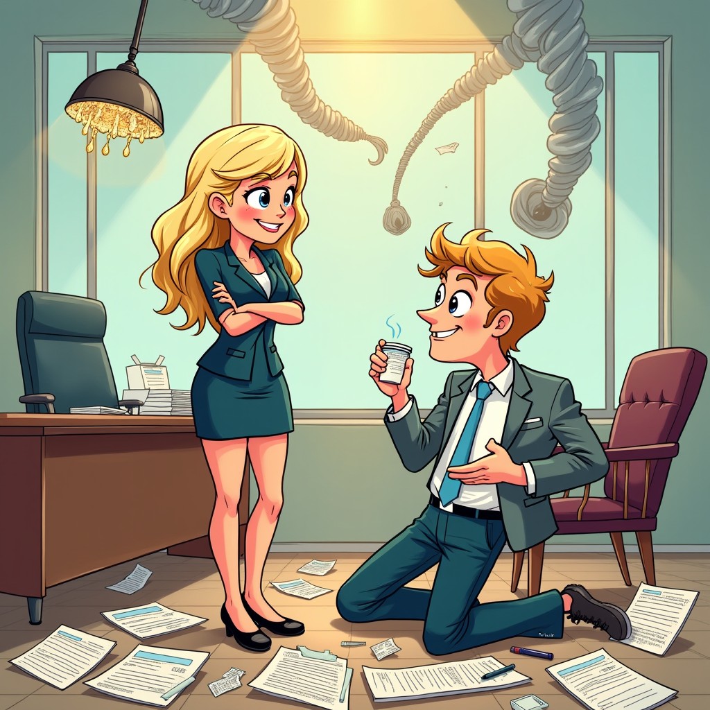 A vibrant and playful illustration with soft lines depicting a romantic comedy scene set in a law office filled with chaos