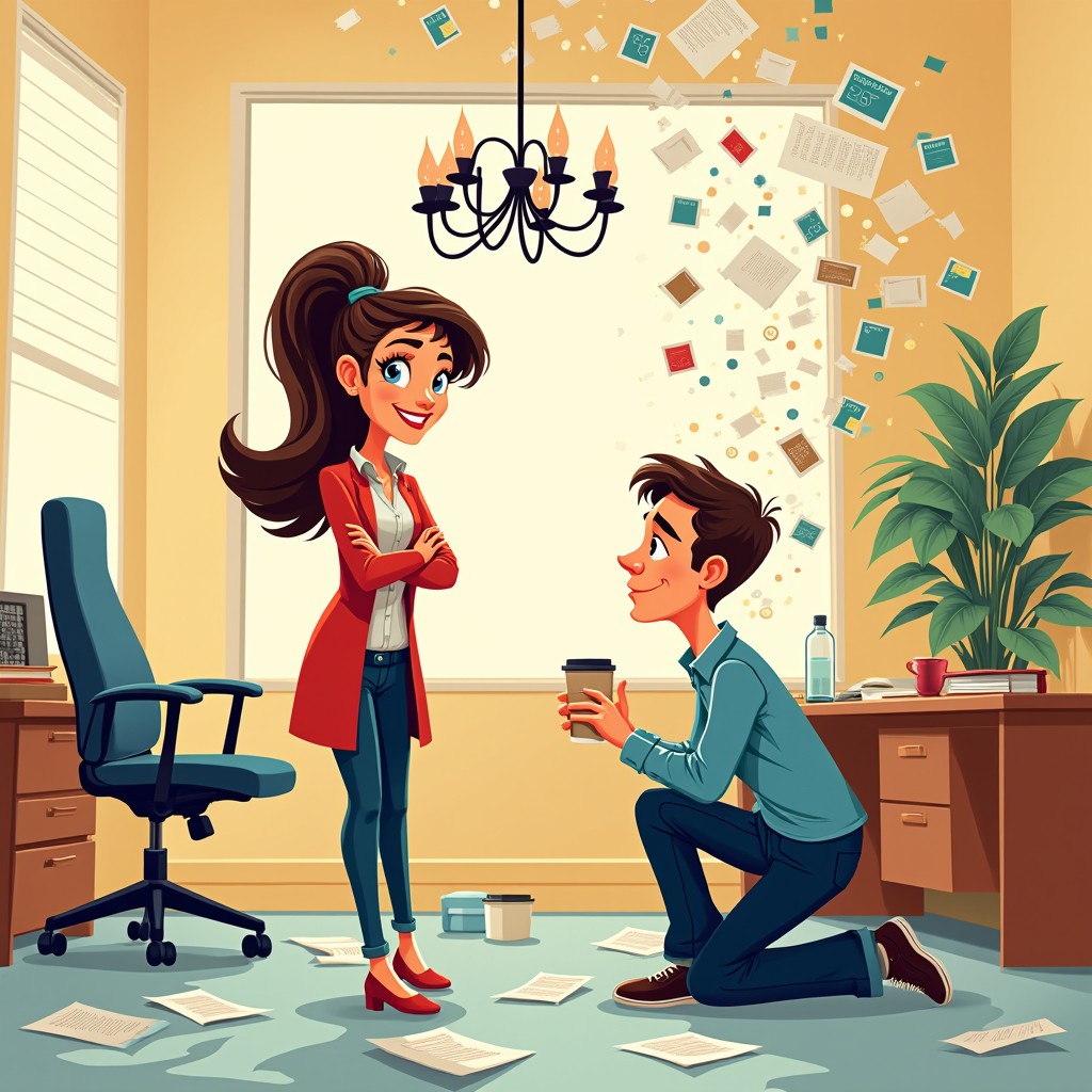 A vibrant and playful illustration featuring soft lines, depicting a romantic comedy scene with lighthearted rivalry