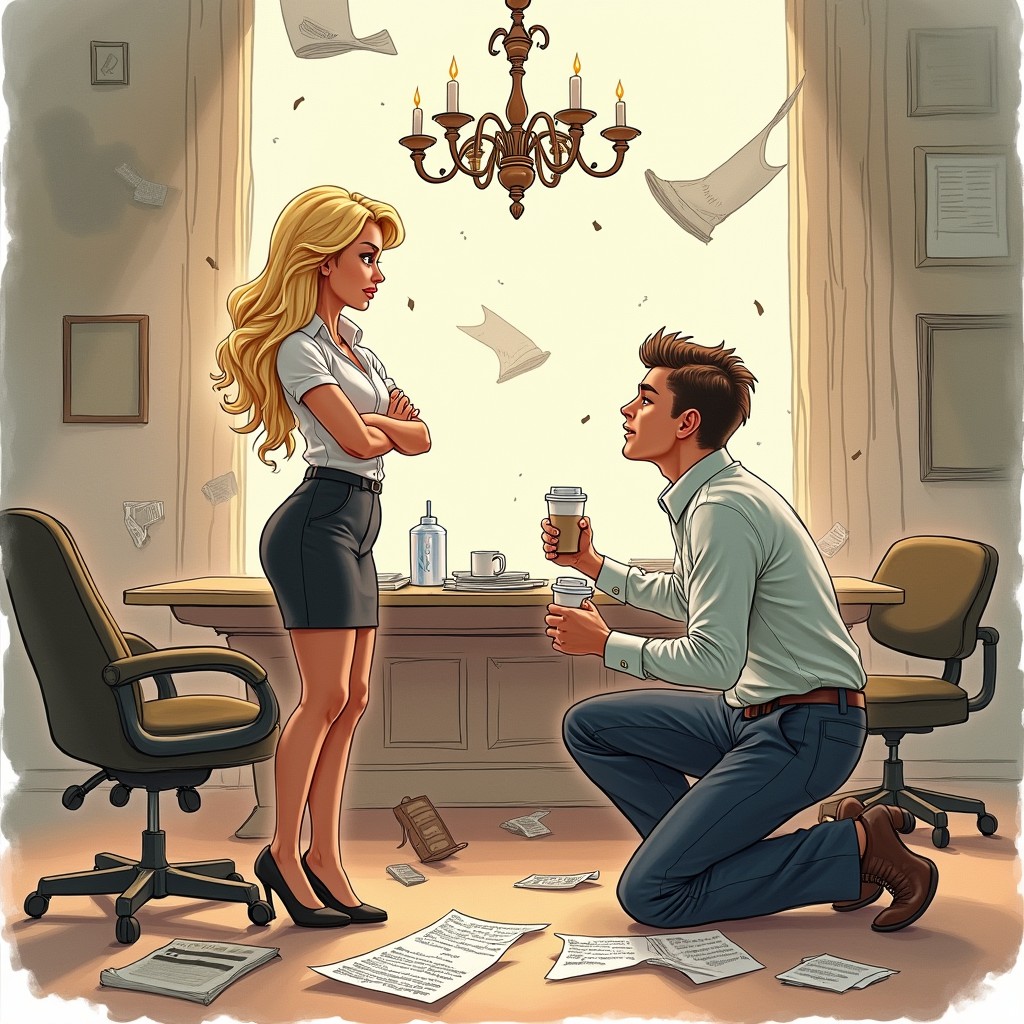 A realistic drawing with soft, vibrant lines depicting a playful romantic comedy scene