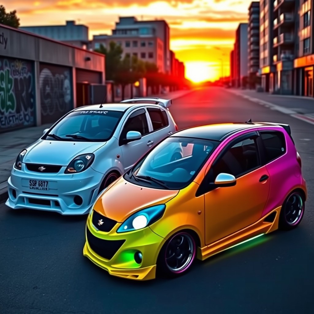 A modified Daewoo Matiz from 2000 to 2004 parked on a scenic urban street, featuring a custom body kit, sporty wheels, and an aggressive stance, reflecting a vivid sunset in the background