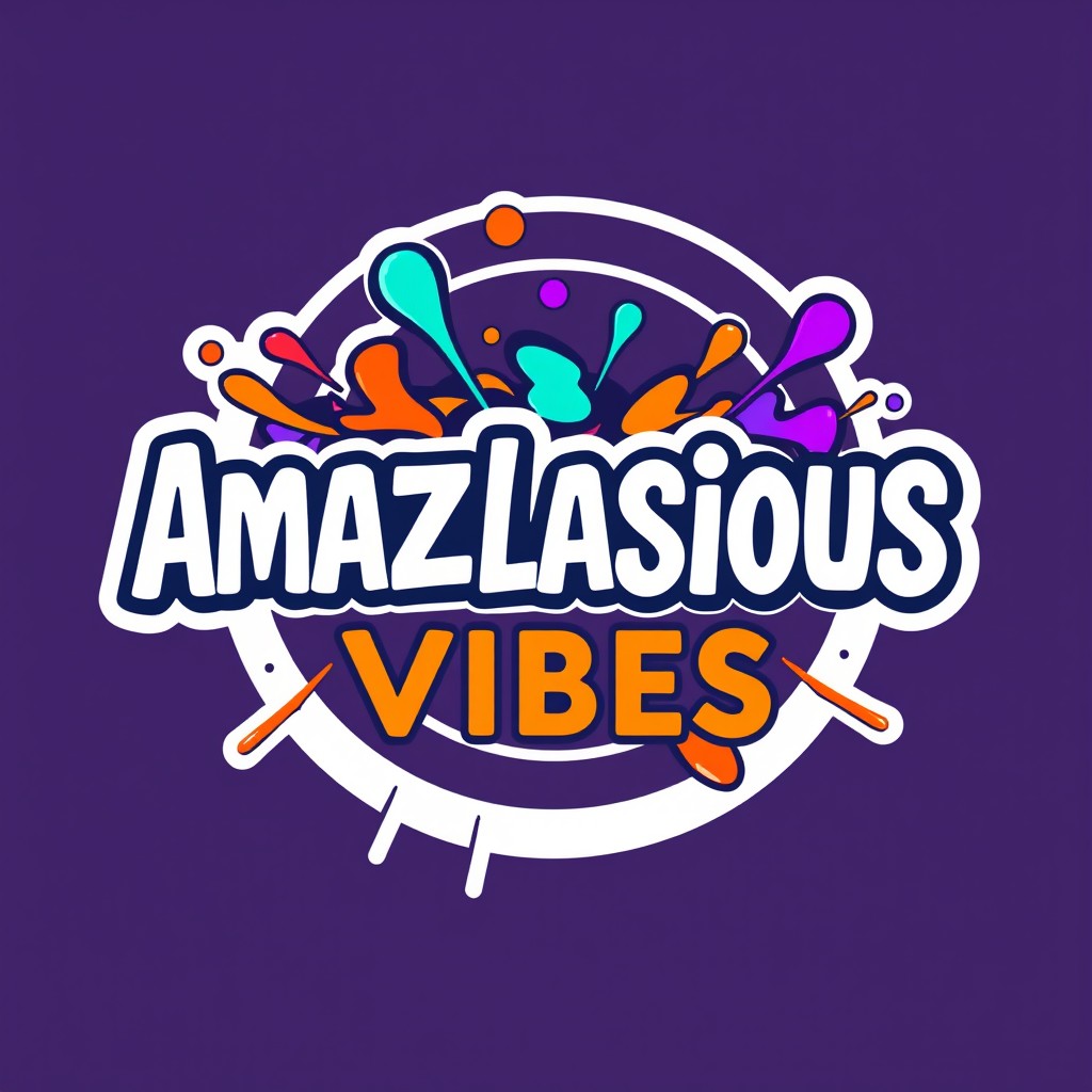 A vibrant and energetic YouTube channel logo for 'Amazlasious Vibes', featuring bold and colorful typography