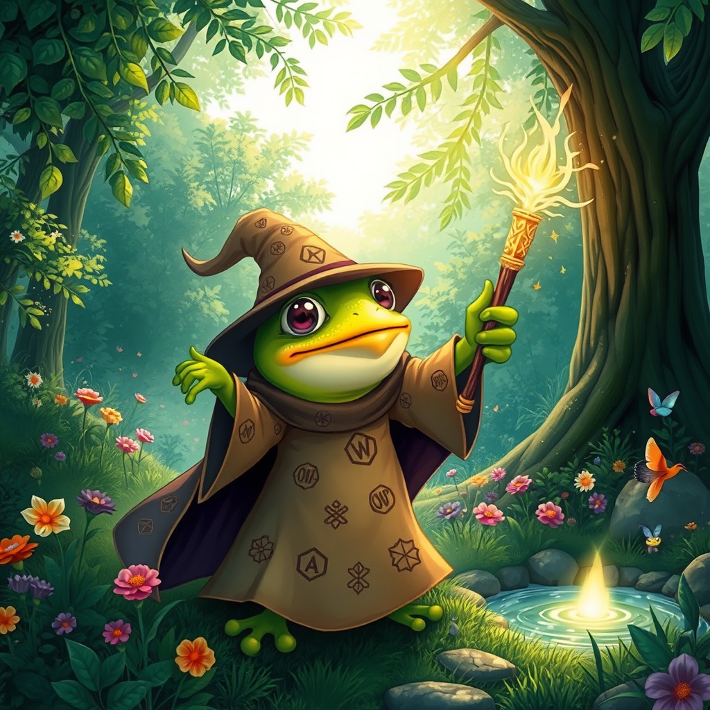A whimsical frog mage casting spells in a lush green forest, wearing a mystical robe adorned with magical symbols