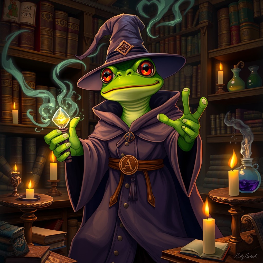 A male anthropomorphic frog mage, wearing a flowing robe adorned with mystical symbols and a pointed hat, is casting spells in his study