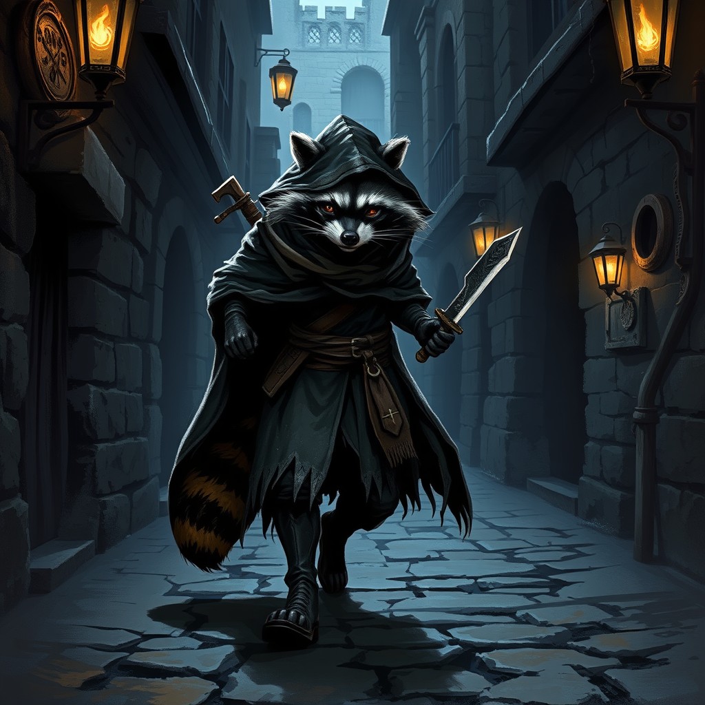 A male anthropomorphic raccoon rogue clad in a dark, tattered cloak with a hood pulled low over his face, stealthily navigating a shadowy city street