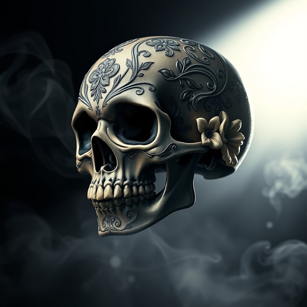 A highly detailed and artistic depiction of a death skull, intricately designed with ornate patterns and textures, showcasing a gothic style