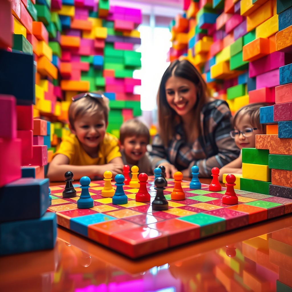 A vibrant scene depicting a colorful board game setup on a 30x30cm board featuring 25x25mm squares