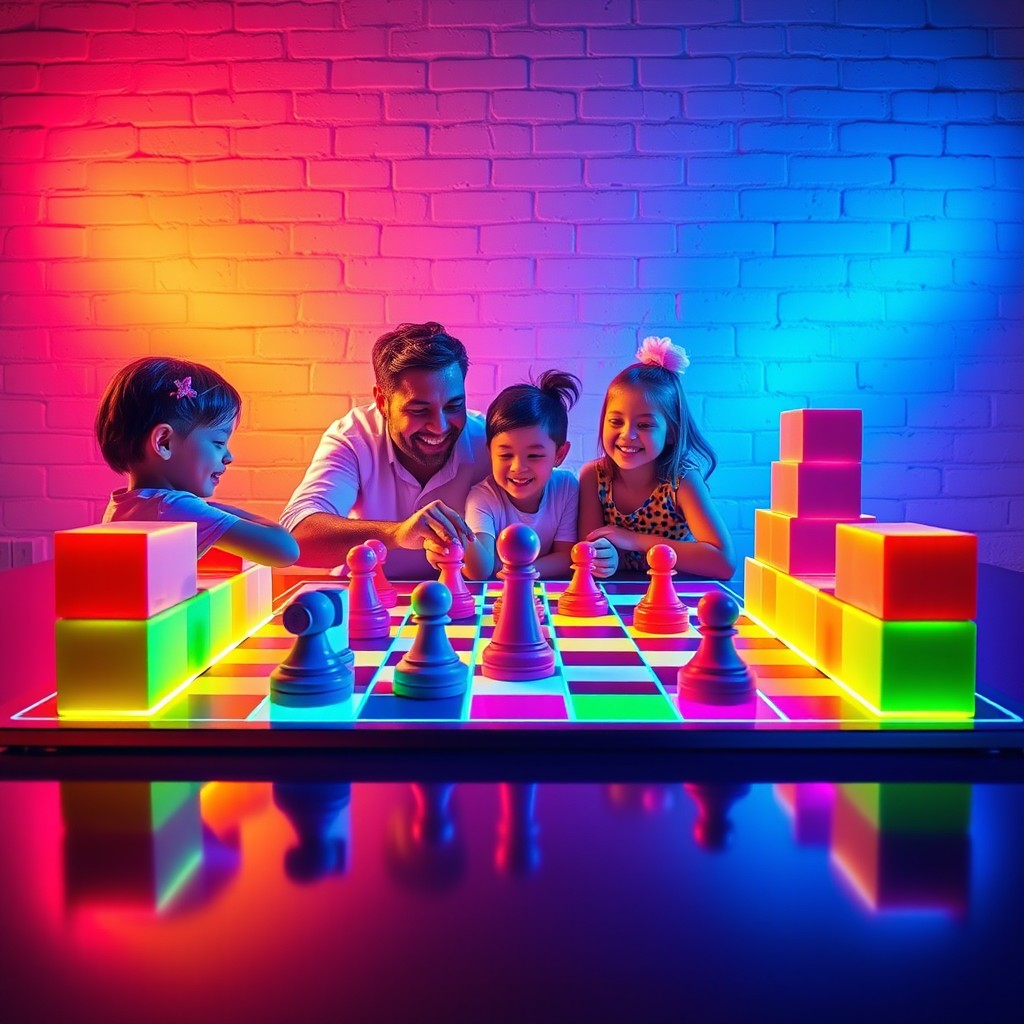 A dynamic scene illustrating a colorful board game setup on a 30x30cm board with 25x25mm squares