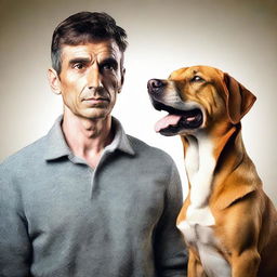 An imaginative image of a man with dog-like features, showcasing a strong bond and connection between humans and animals.