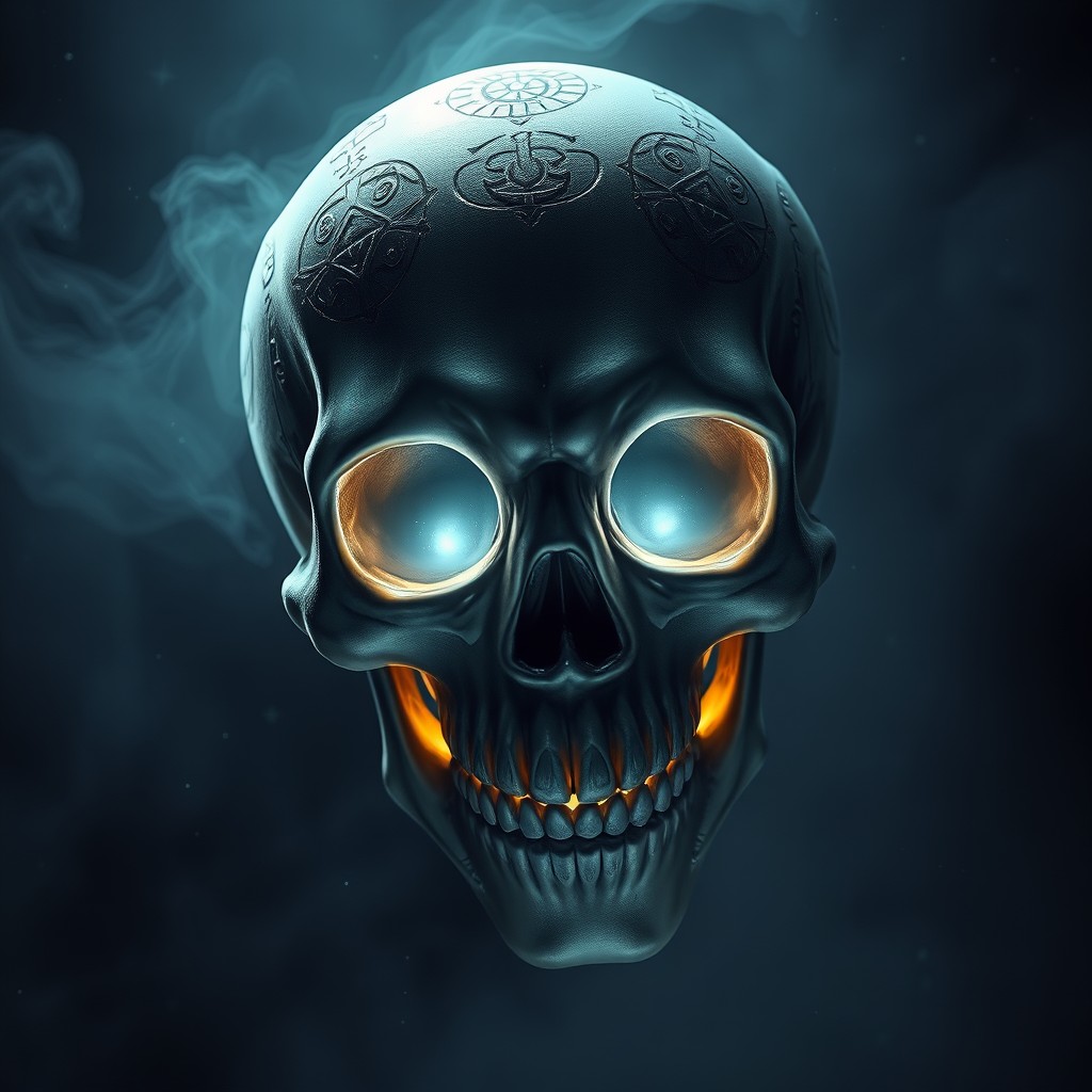 A striking and artistic portrayal of a smiling death skull with glowing eyes, showcasing a unique blend of eerie and captivating aesthetics