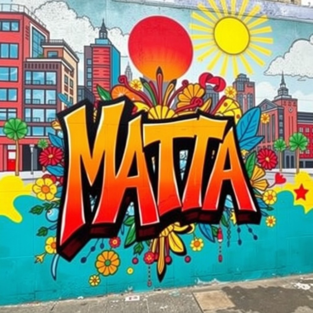 A vibrant and dynamic street art mural featuring a bold and creative interpretation of the word 'MATA', with colorful graffiti-style letters, intricate patterns, and cultural motifs woven throughout