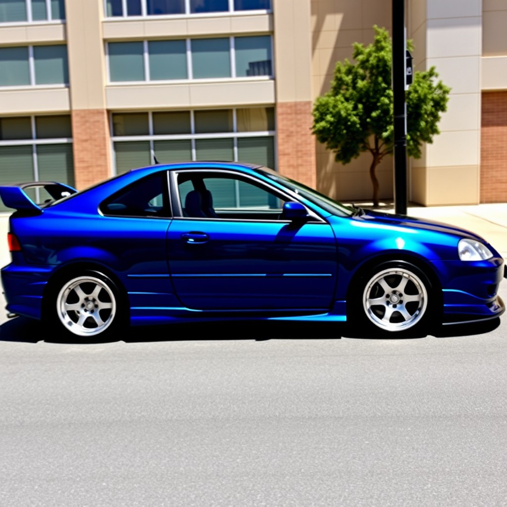 A modified 1999 Acura Integra with four doors, painted in a vibrant shade of blue