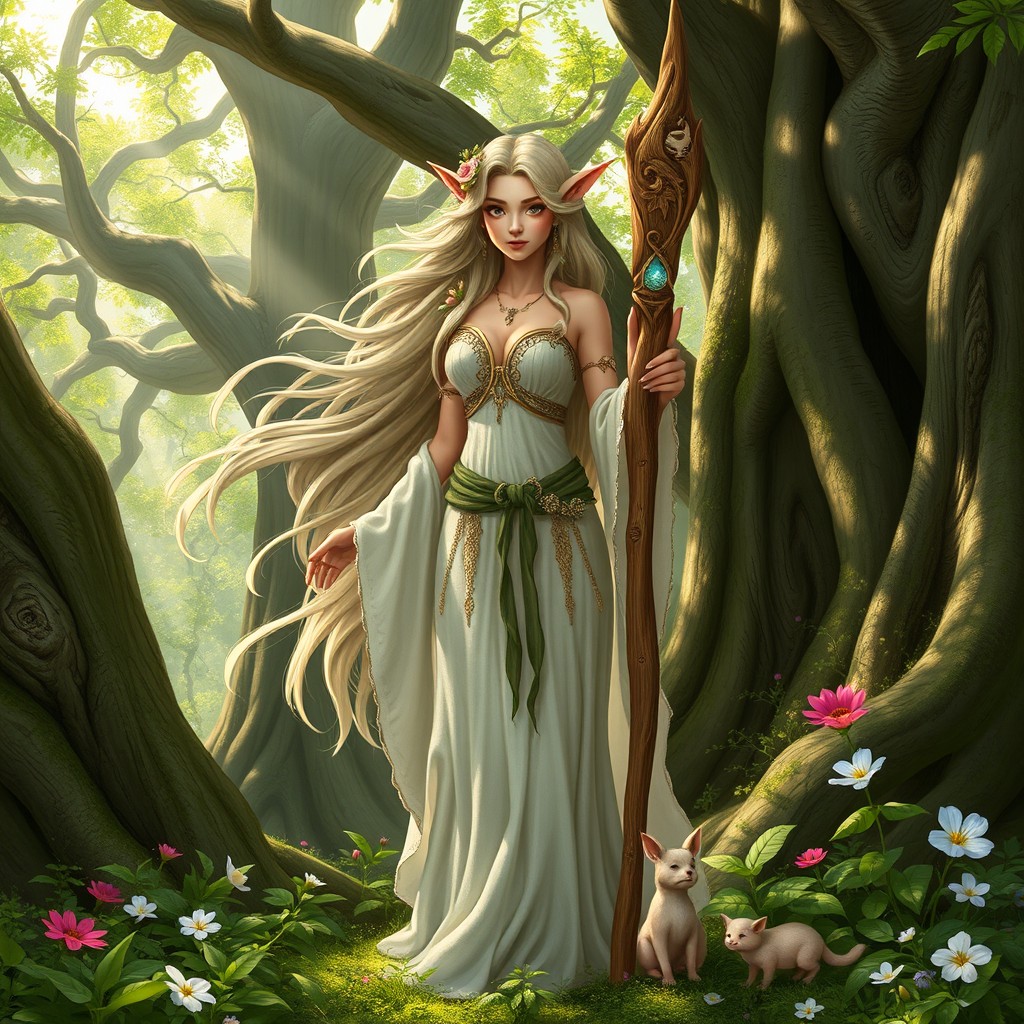 A beautiful forest elf druid standing gracefully among ancient trees, surrounded by lush greenery and vibrant flowers