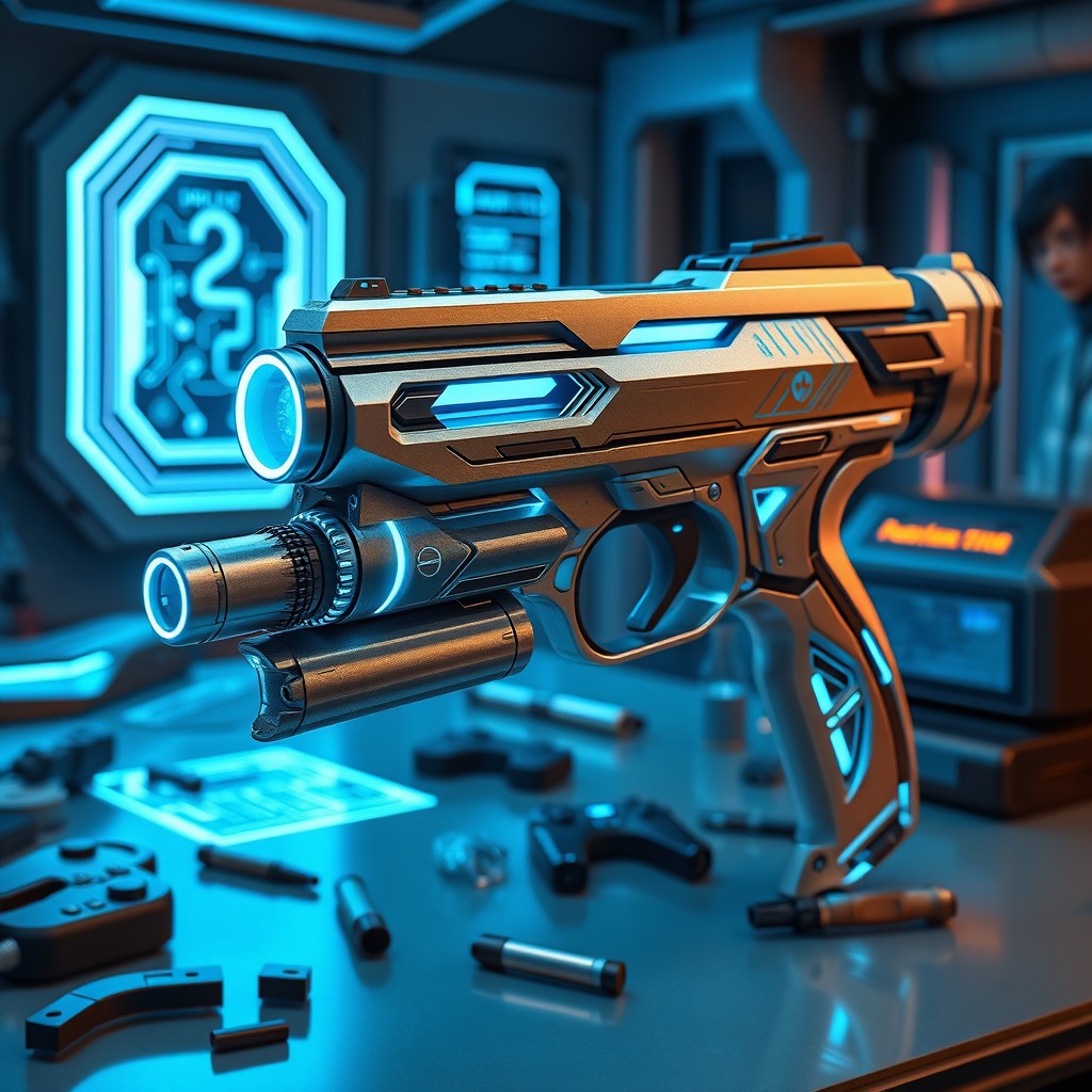 A futuristic vaporizer gun with a sleek, streamlined design, glowing elements, and advanced technology features