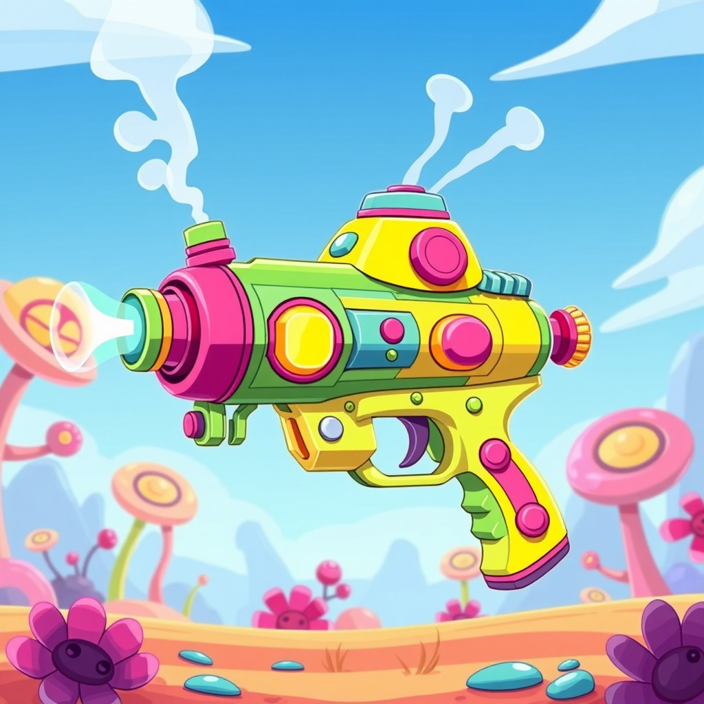 A colorful cartoon-style futuristic vaporizer gun, featuring exaggerated shapes and bright colors like vibrant pinks, greens, and yellows