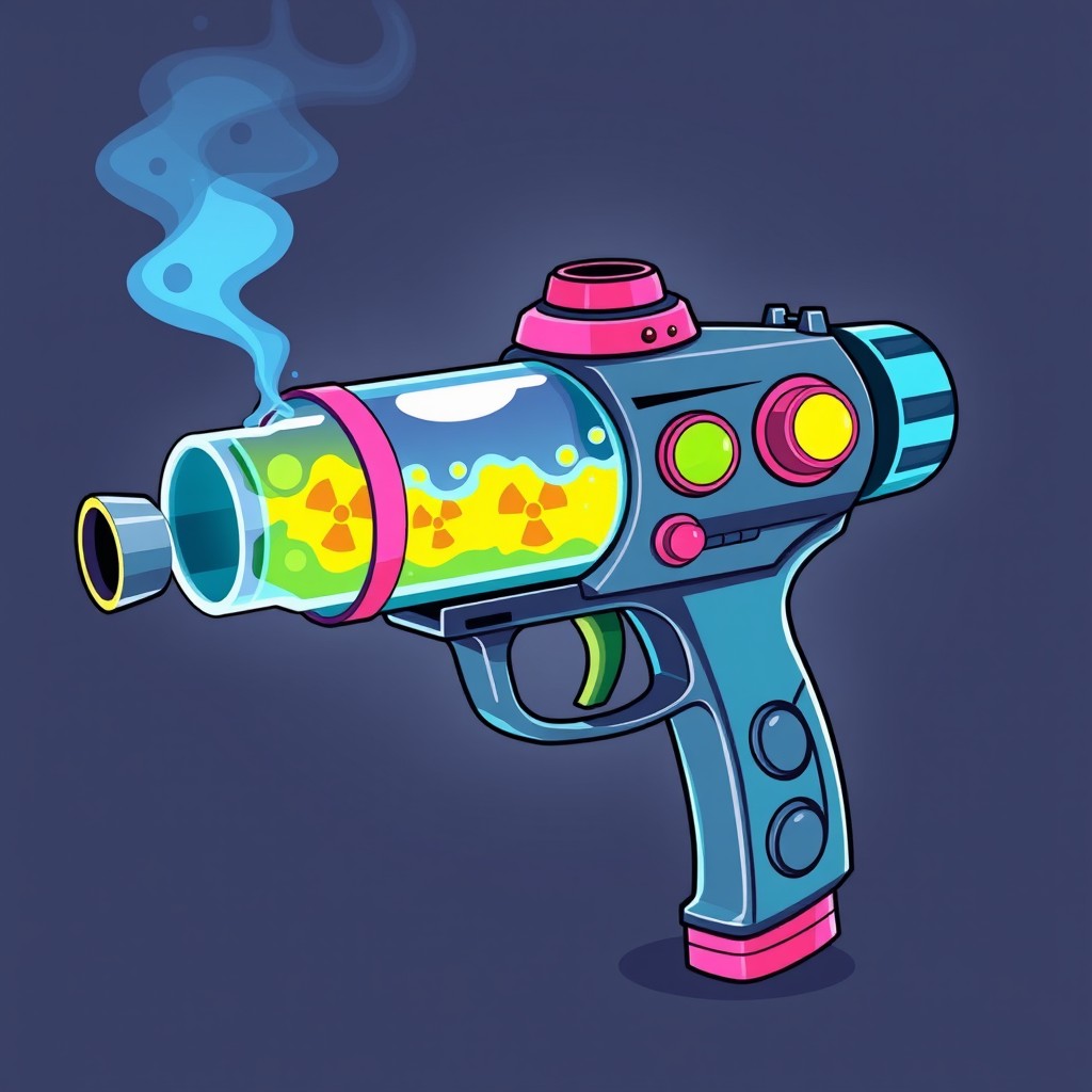 A cartoon-style futuristic vaporizer gun with a transparent background, featuring a sleek design and vibrant colors