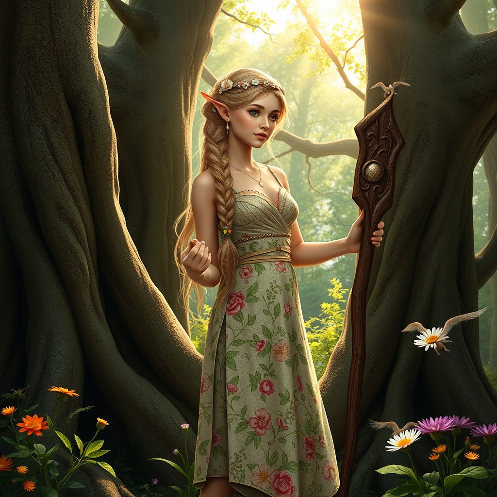 A beautiful forest elf druid standing gracefully among ancient trees, surrounded by lush greenery and vibrant flowers
