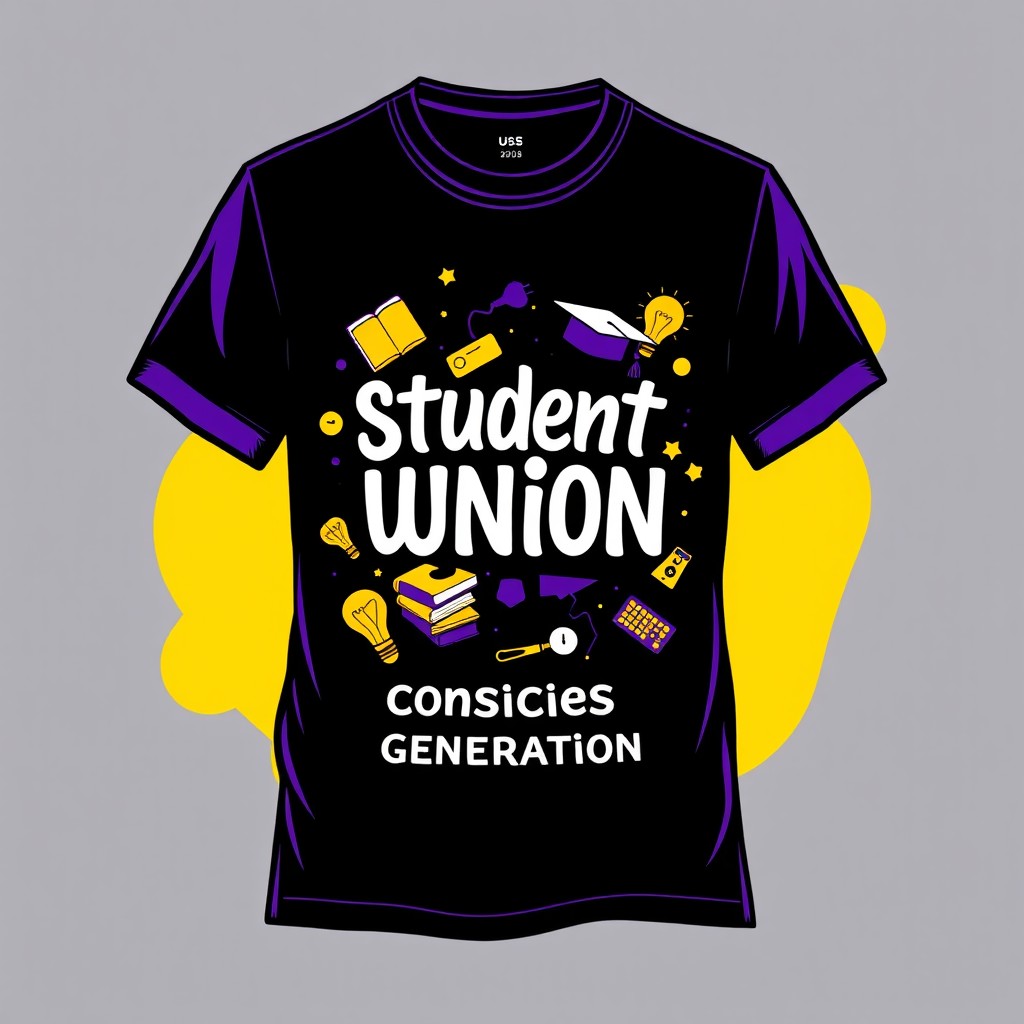 A stylish black t-shirt designed for a student union with a conscious generation theme