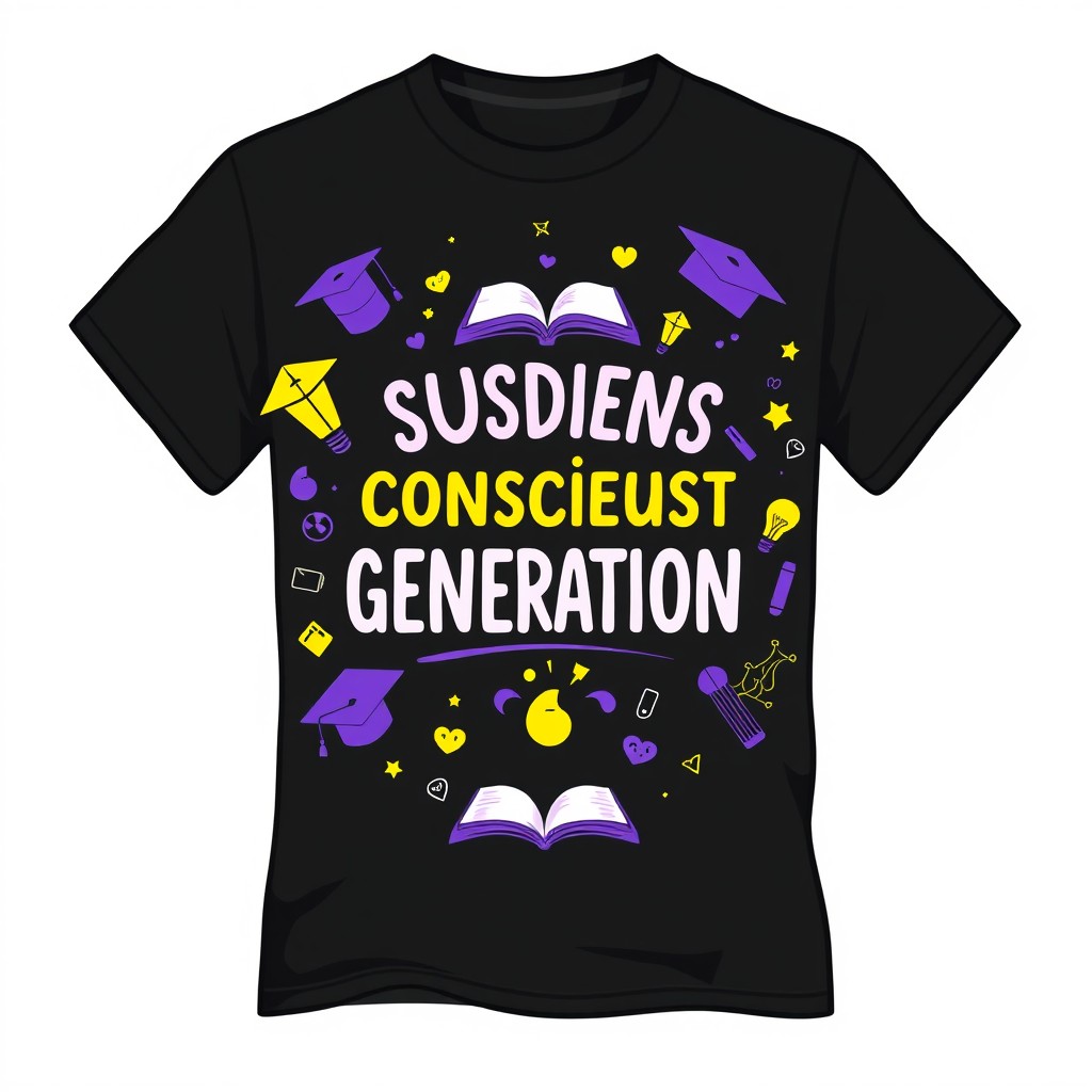 A beautiful black t-shirt designed for a student union, focusing on a conscious generation theme