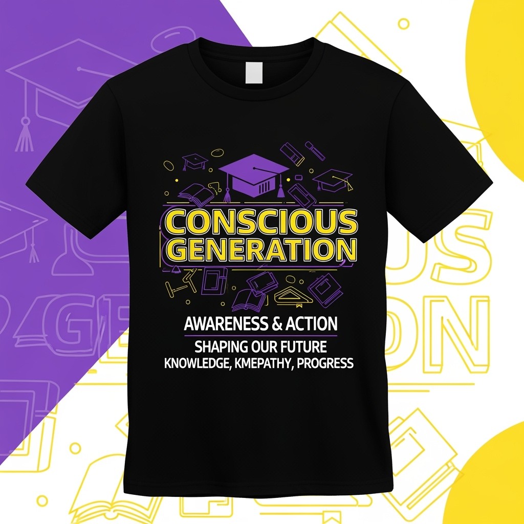 Design a black t-shirt featuring a Conscious Generation theme for a student union, incorporating purple and yellow colors