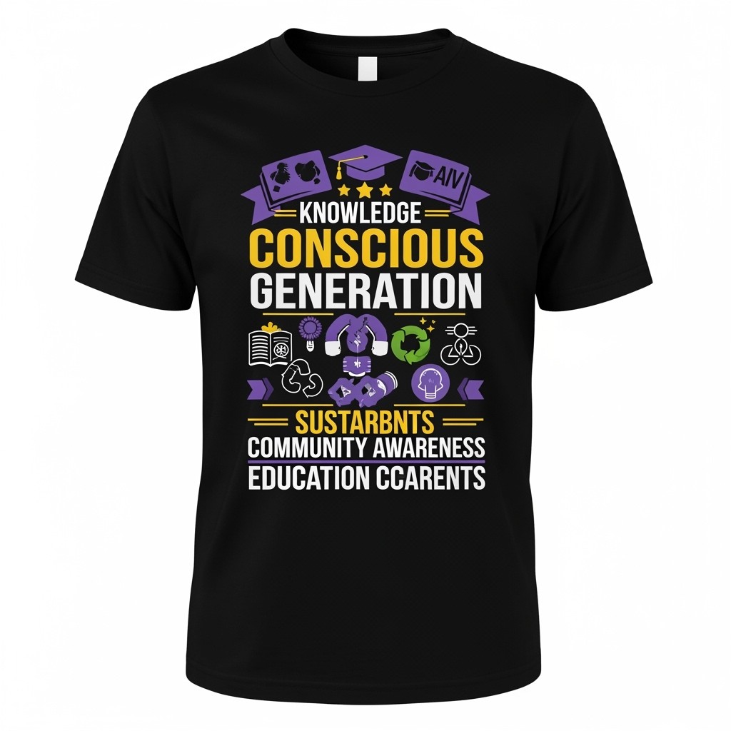 Create a black t-shirt featuring a theme of 'Conscious Generation' for a student union, designed with purple and yellow colors