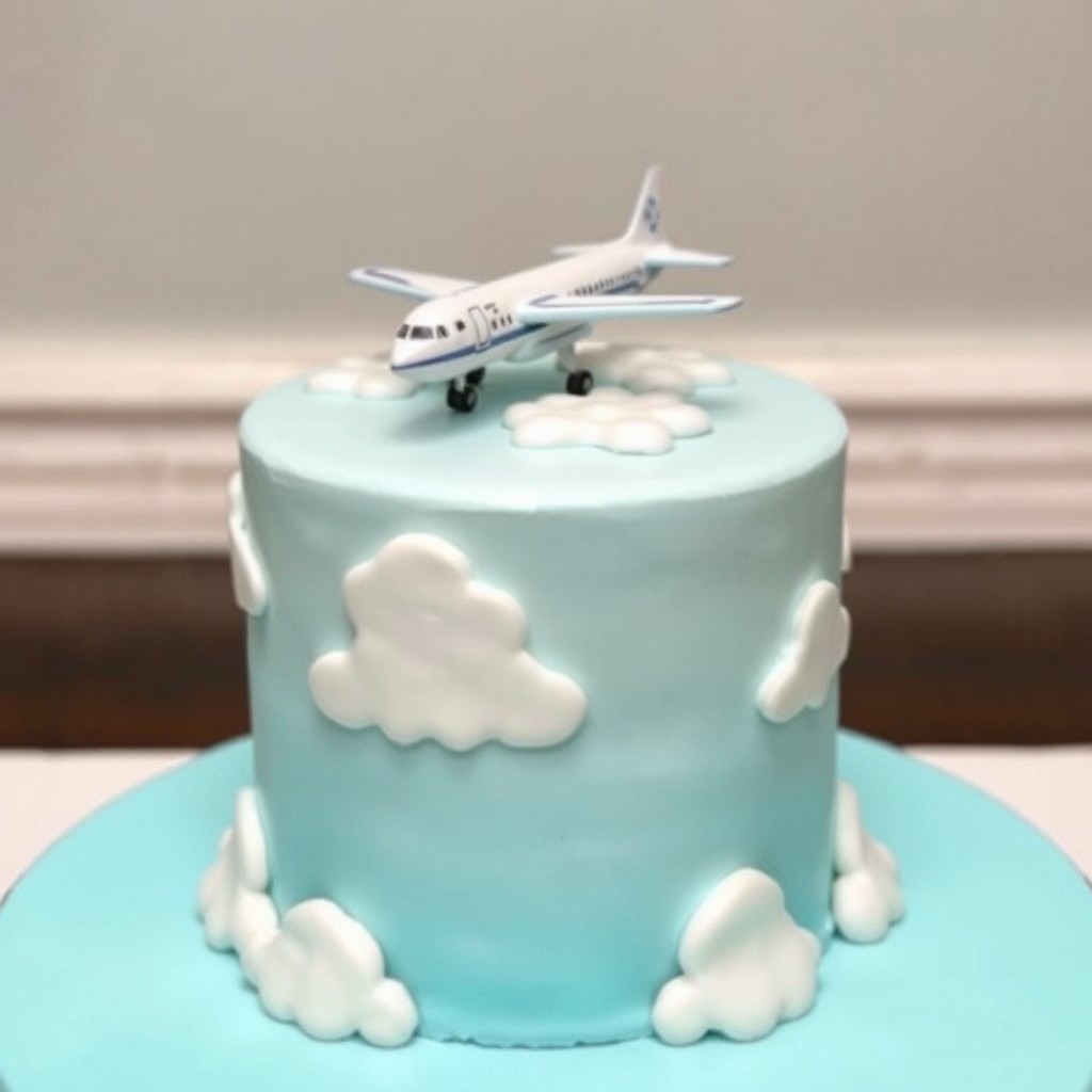 A single tier cake in a delicate light blue color, decorated with fluffy white clouds around the perimeter