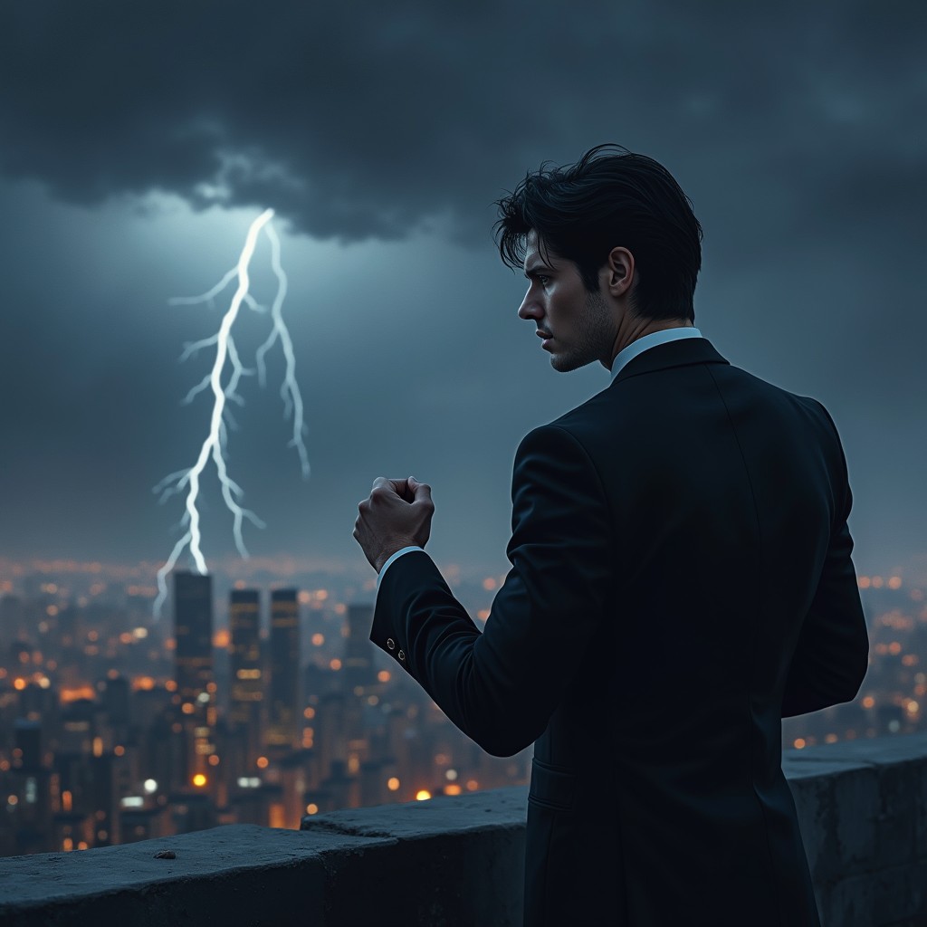 A powerful scene depicting the concept of revenge, with a focus on an intense character in a dramatic setting
