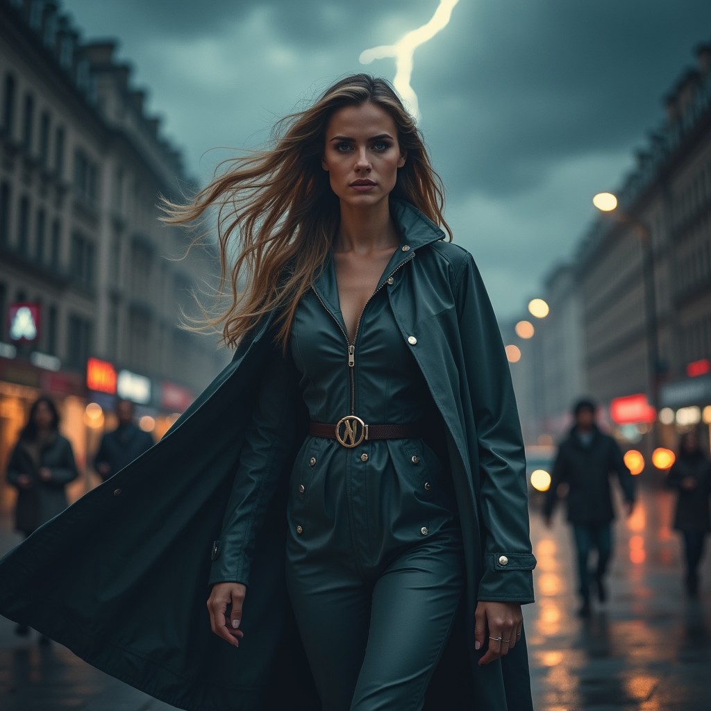 A confident woman walking briskly, embodying the energy of an approaching storm