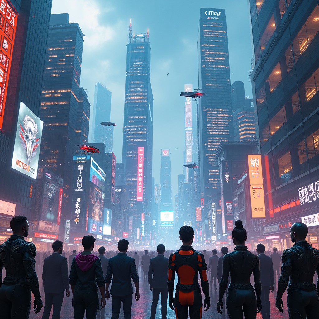 A futuristic cityscape showcasing the Cybernetic Revolution, filled with advanced technology and cybernetic enhancements