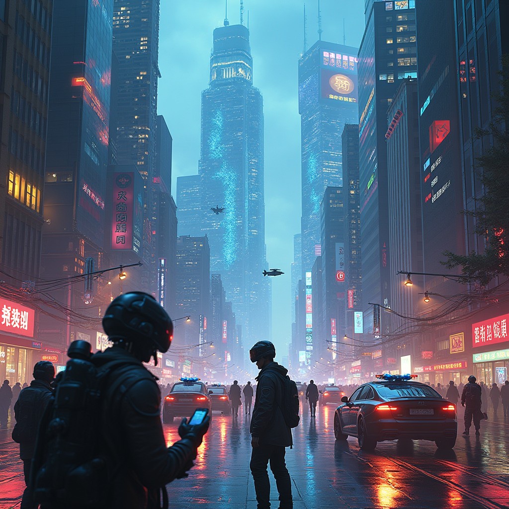 A richly detailed futuristic cityscape that embodies the Cybernetic Revolution, depicting an advanced urban environment