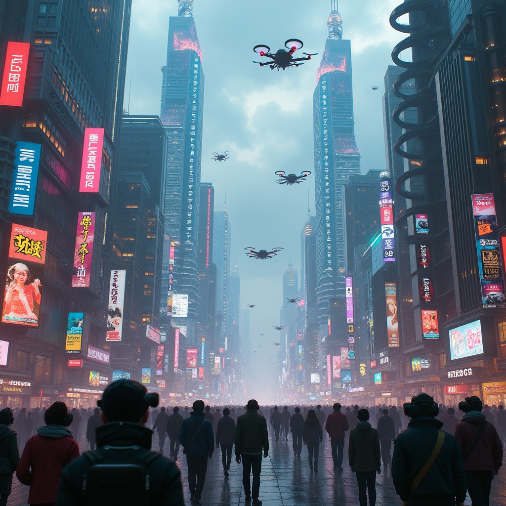 A captivating depiction of the Cybernetic Revolution, featuring a bustling futuristic metropolis filled with advanced technology and cybernetic enhancements