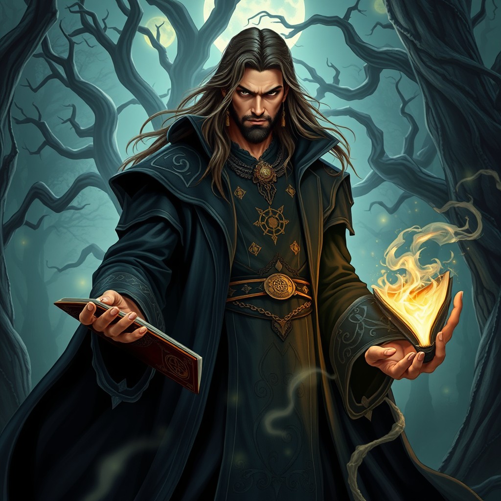 A powerful male warlock standing in a mystical forest, dressed in an elaborate dark robe adorned with arcane symbols