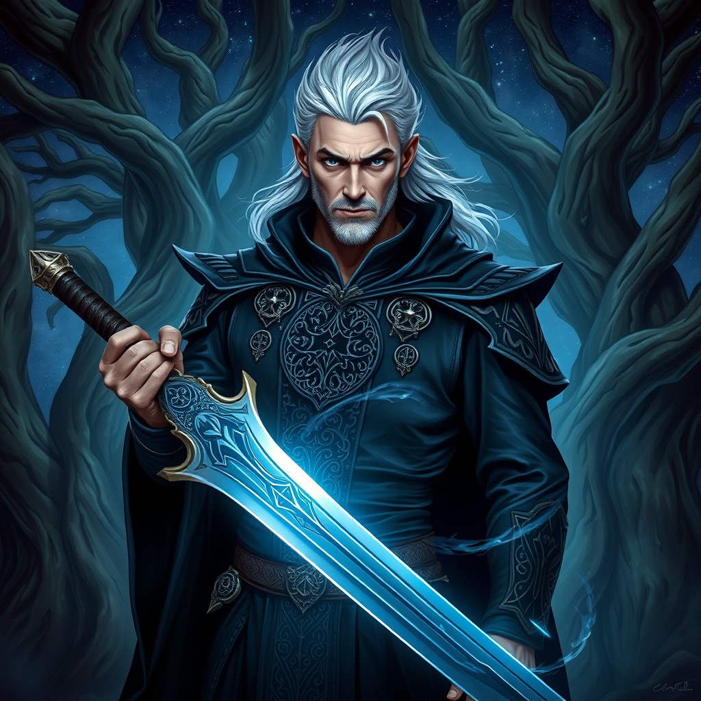 A formidable male warlock with striking silver hair, standing confidently in an enchanted forest