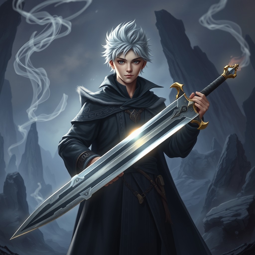 A young male warlock with striking silver hair stands confidently in a magical realm, holding a magnificent greatsword that radiates power
