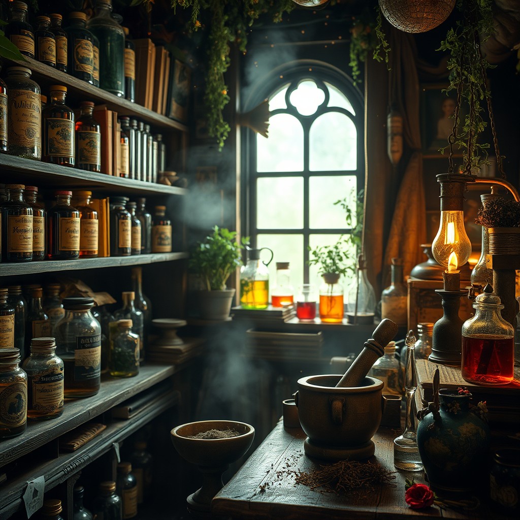 An enchanting apothecary scene filled with various glass jars, vials, and herbs, showcasing intricate labels and colorful liquids