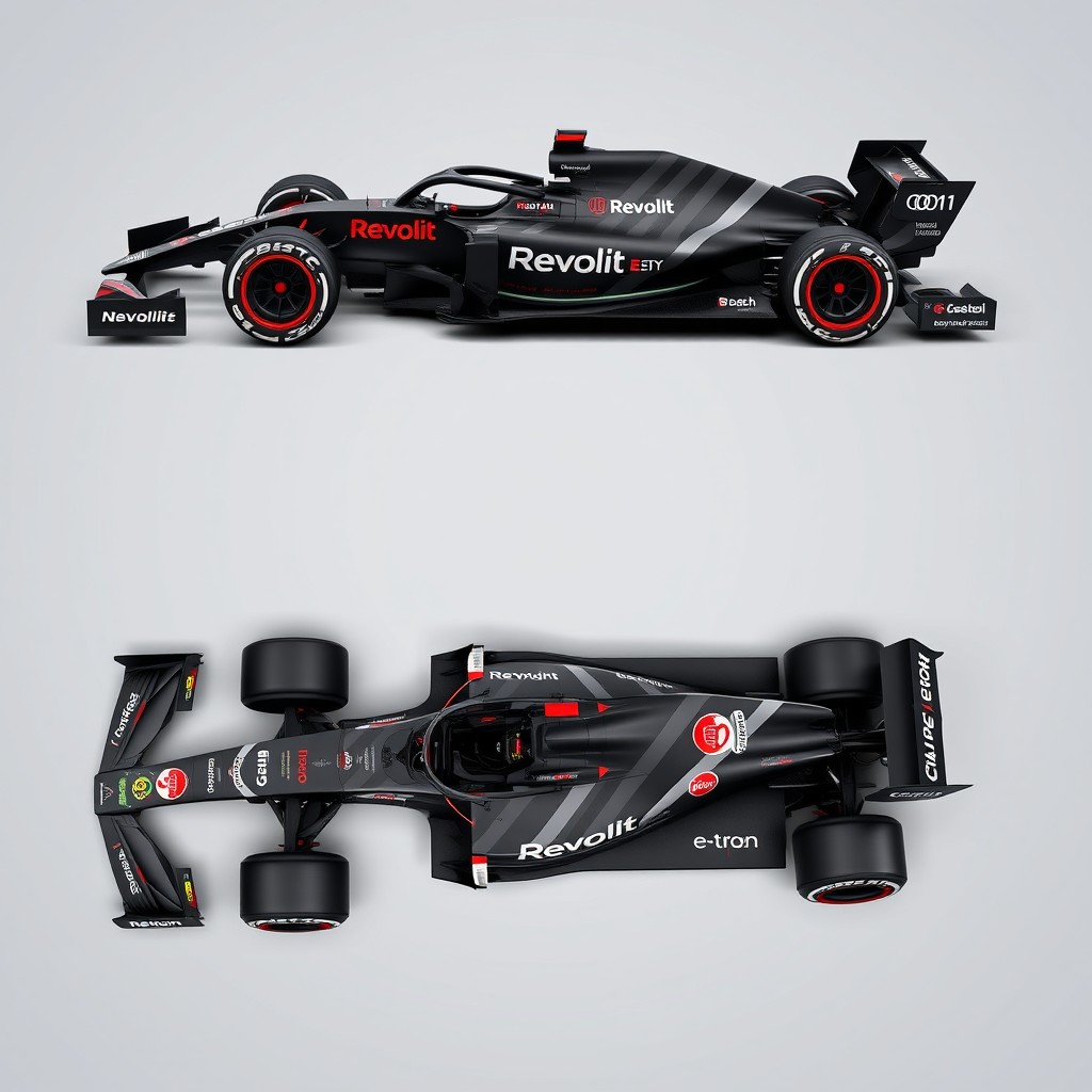 A highly detailed concept of an Audi Formula 1 car livery, showcasing the design from four angles: front view, top view, left side view, and right side view