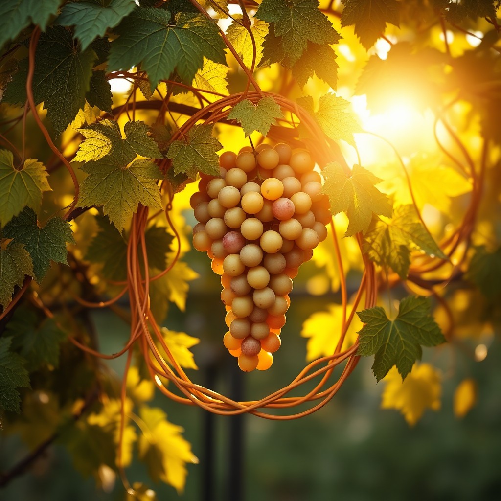 An artful representation of a golden grapevine, elaborately intertwined with lush green leaves, displaying ripe clusters of grapes in the center