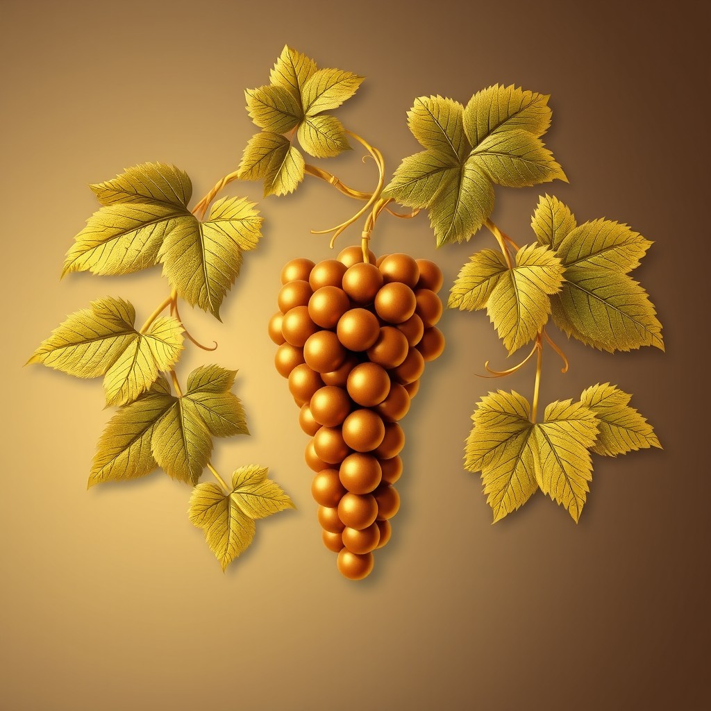 An intricate avatar image featuring a golden grapevine artistically designed, with luscious green leaves surrounding a prominent cluster of ripe grapes in the center