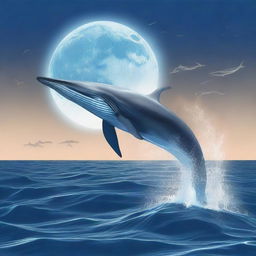 generate an image of a blue whale swimming with dolphins under a full moonlight