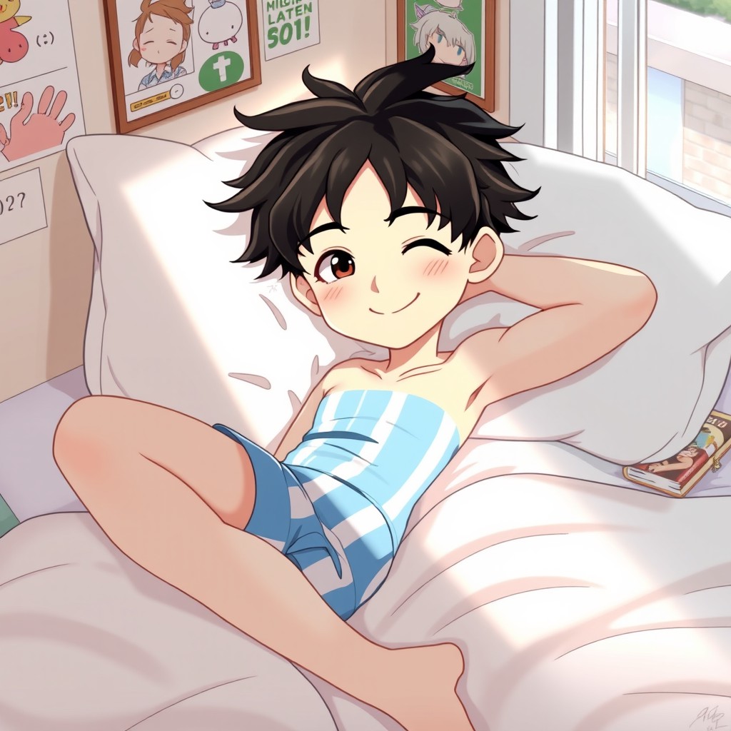 A young anime boy lounging comfortably in bed, wearing blue and white striped boxers