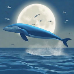 generate an image of a blue whale swimming with dolphins under a full moonlight