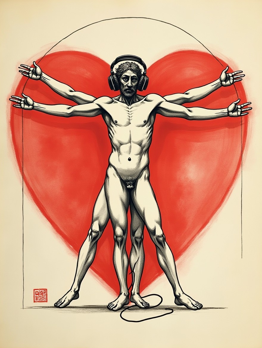 A modern reinterpretation of Leonardo da Vinci's Vitruvian Man, featuring the iconic figure standing in the classic pose but wearing headphones