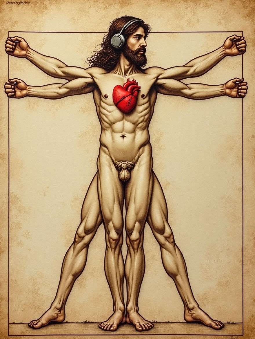 An artistic reinterpretation of Leonardo da Vinci's Vitruvian Man, featuring the iconic figure with a modern twist