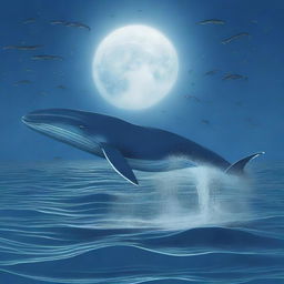 generate an image of a blue whale swimming with dolphins under a full moonlight