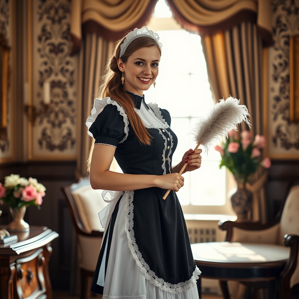 A beautiful maid in a classic black and white uniform, featuring a fitted bodice, a full apron, and lace trim