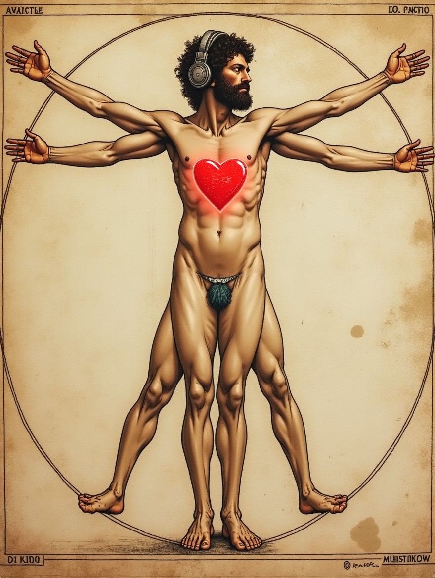 A reinterpretation of Da Vinci's Vitruvian Man, featuring the iconic figure wearing a stylish set of headphones