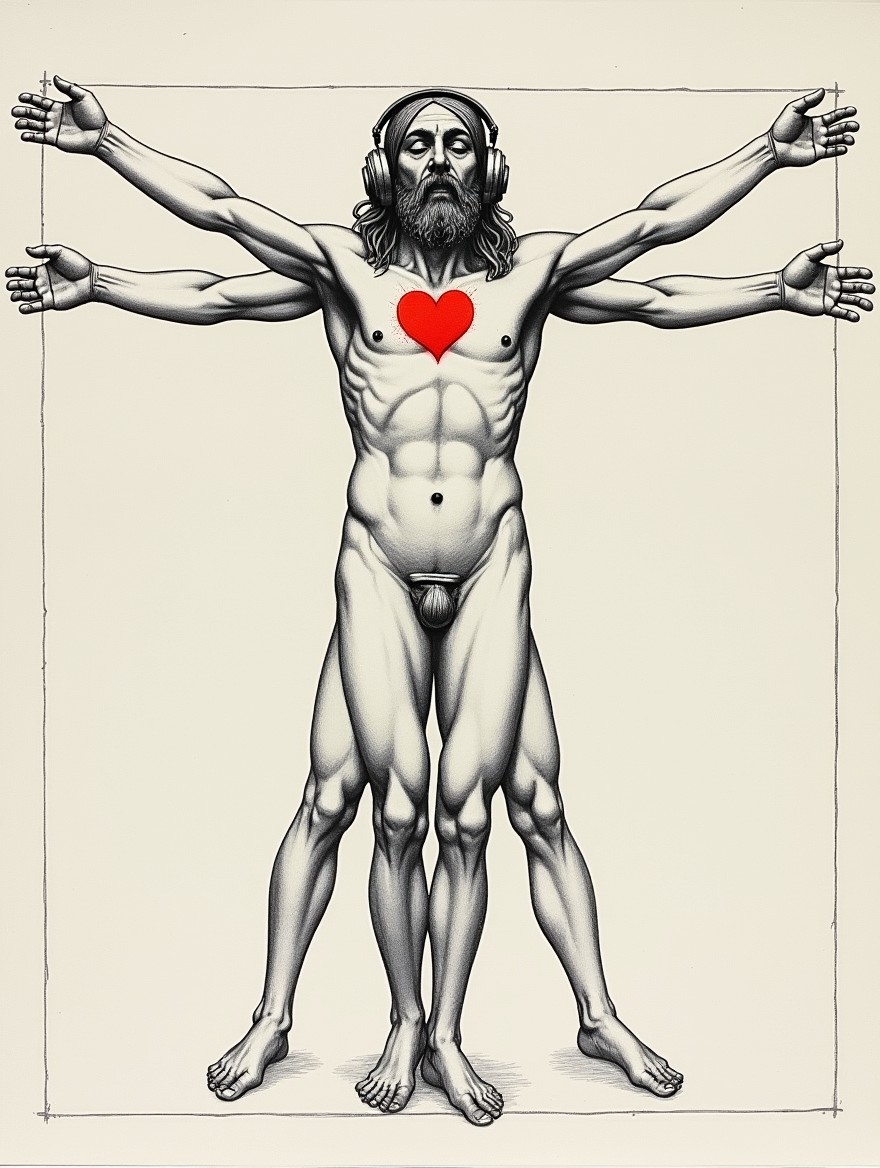A reinterpretation of Da Vinci's Vitruvian Man, featuring the iconic figure with a modern twist: a pair of headphones resting on his head, and a vibrant red heart visible in the center of his chest